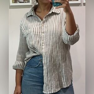 White and taupe Striped Button Down Shirt